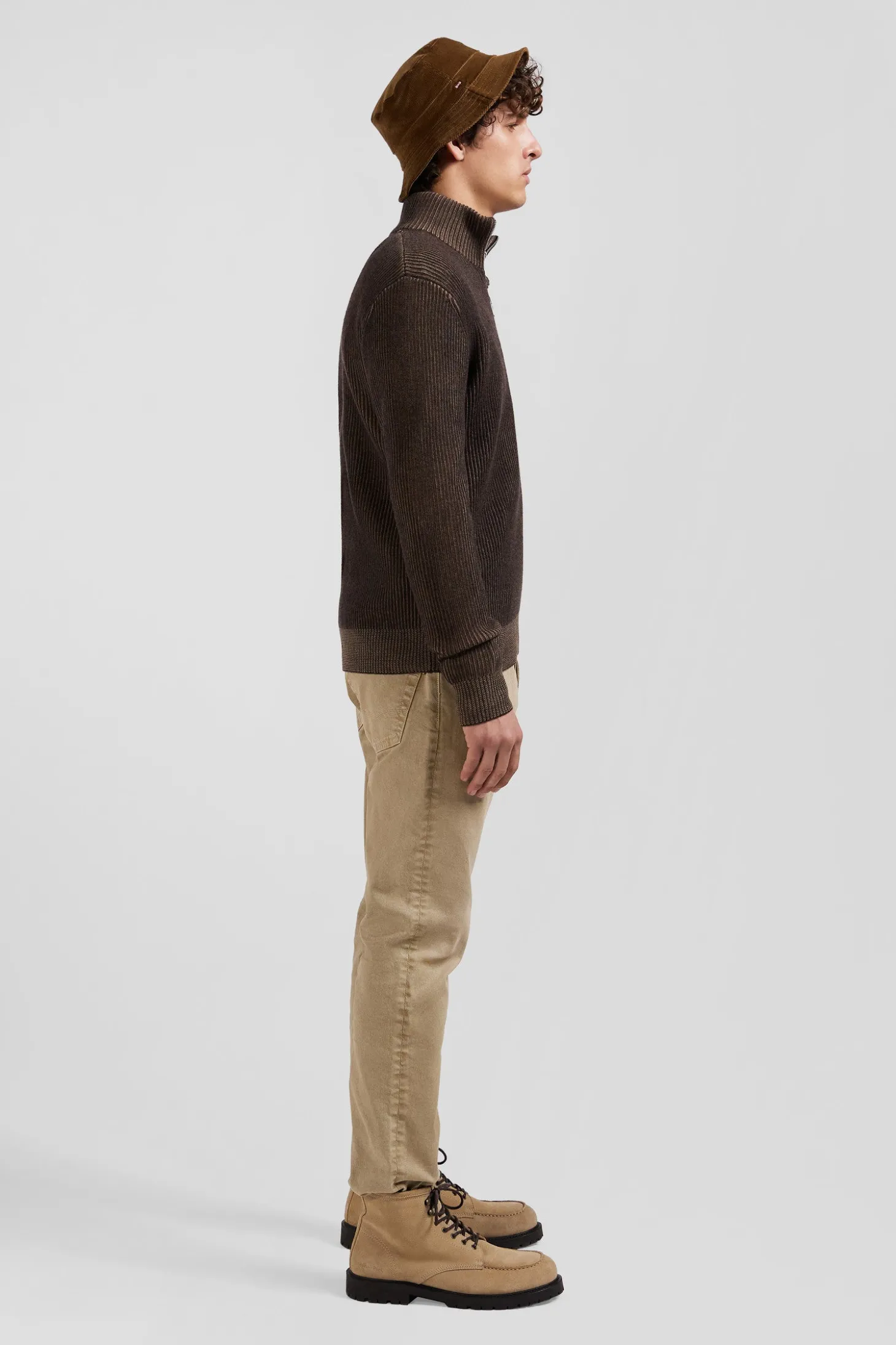 Cardigan zippé en laine et coton marron coupe Regular