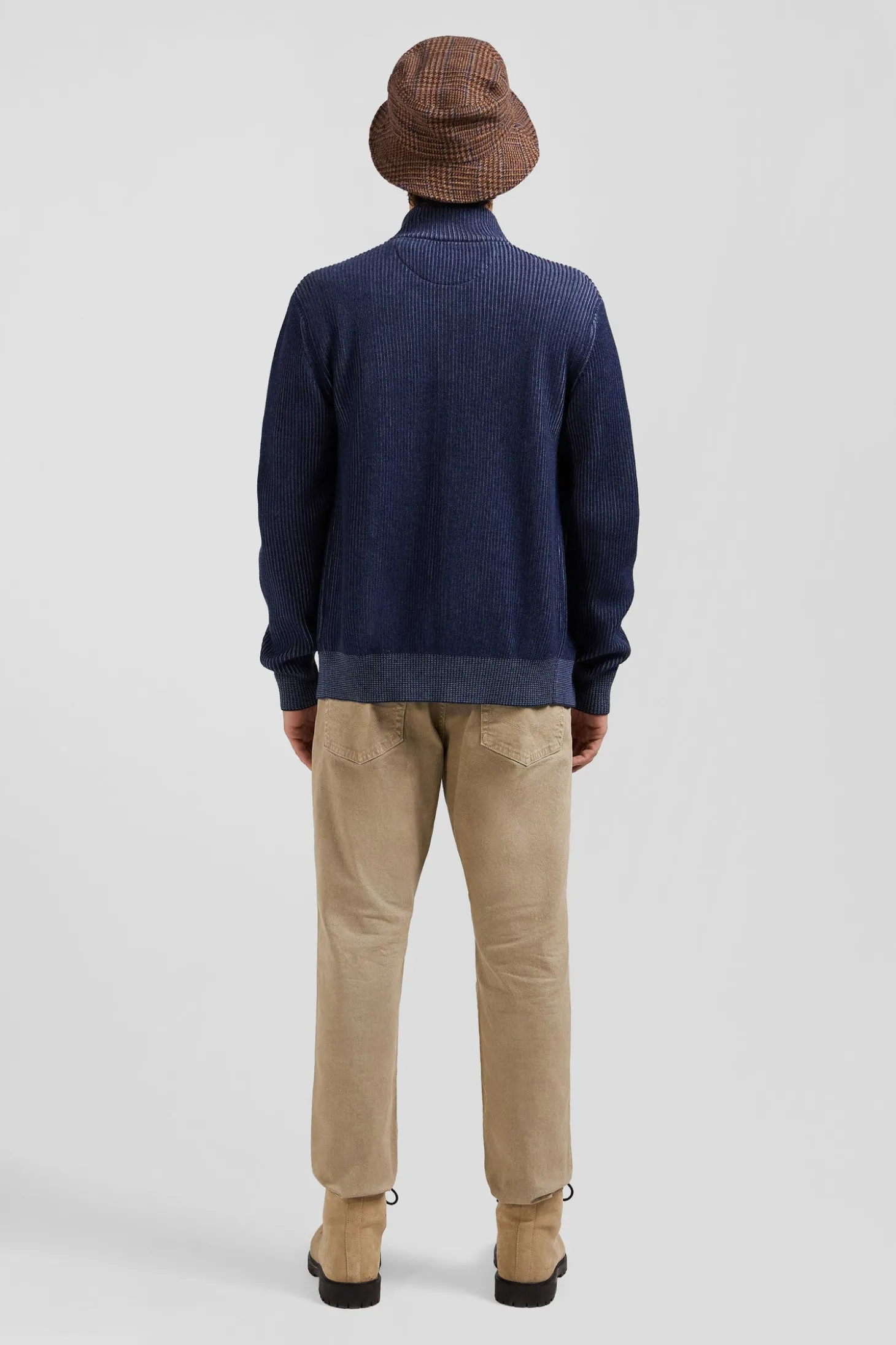 Cardigan zippé en laine et coton bleu marine coupe Regular