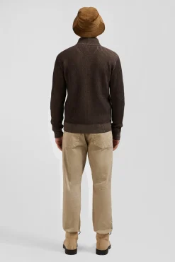 Cardigan zippé en laine et coton marron coupe Regular