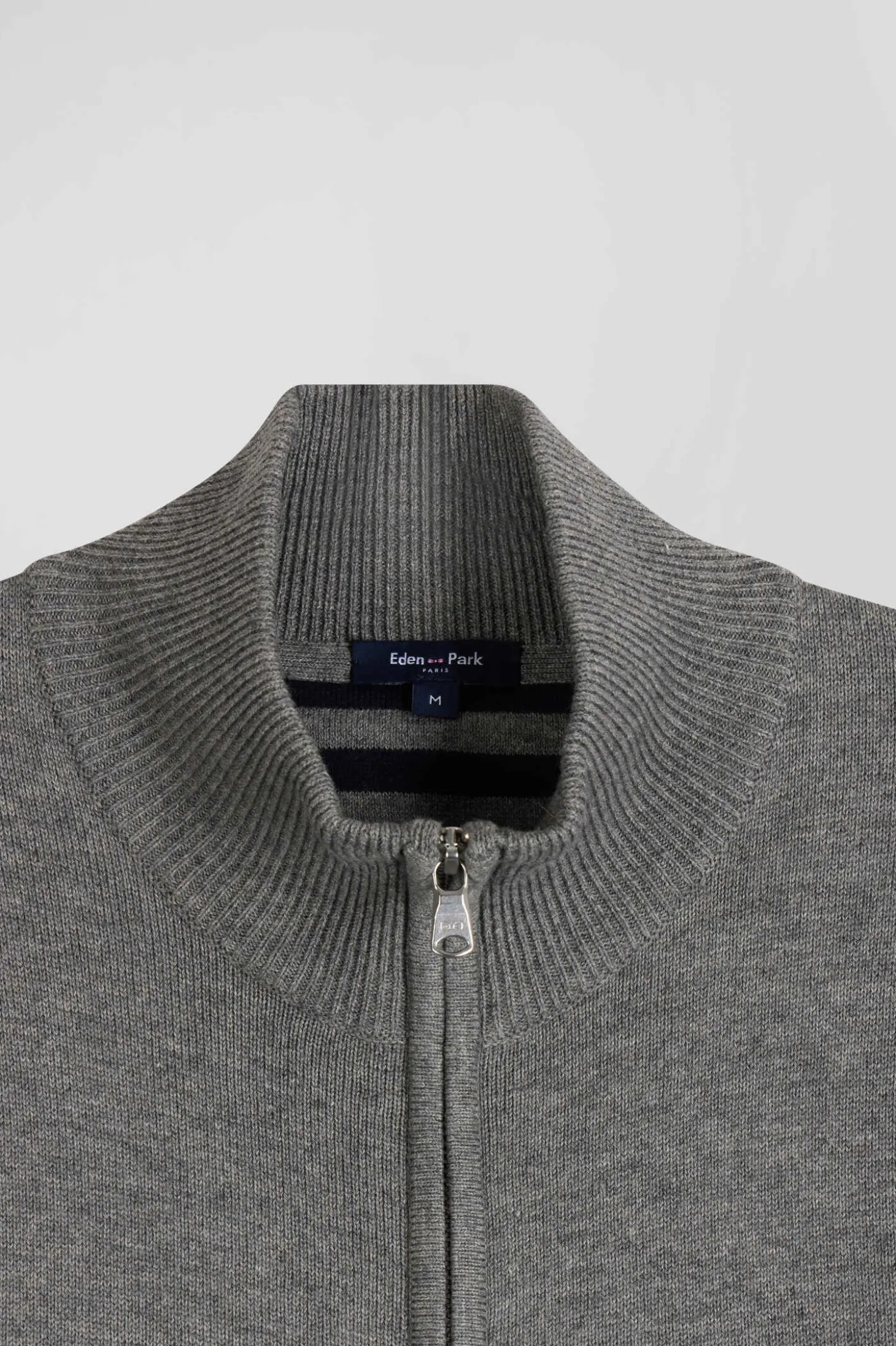 Cardigan zippé en laine et coton uni gris