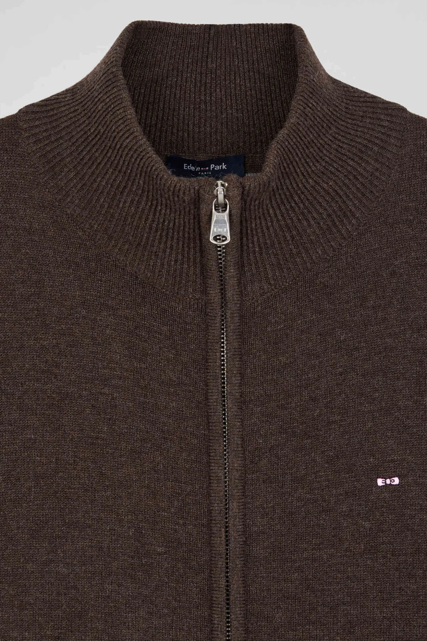 Cardigan zippé en laine et coton uni marron