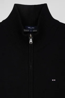 Cardigan zippé en laine et coton uni noir