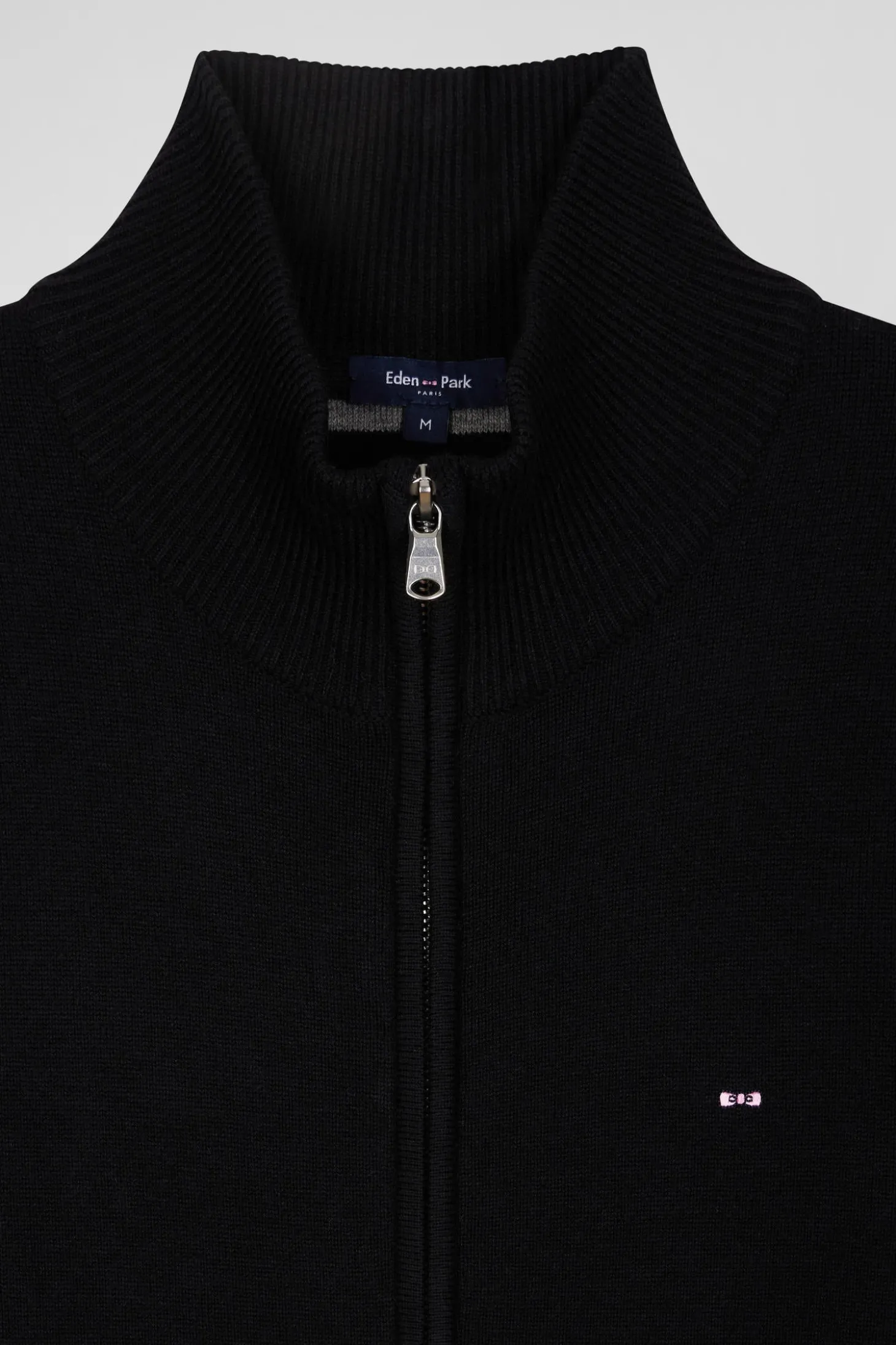 Cardigan zippé en laine et coton uni noir