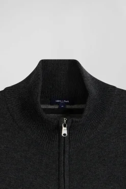 Cardigan zippé en laine et coton uni gris anthracite