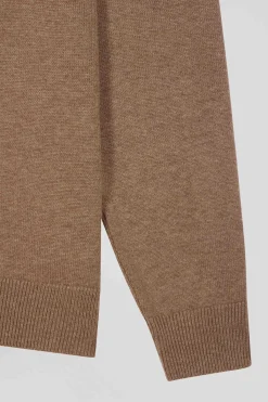 Cardigan zippé en laine et coton uni camel