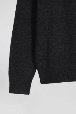 Cardigan zippé en laine et coton uni gris anthracite