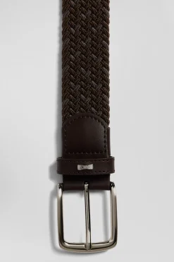 Ceinture tressée marron à boucle en métal argenté