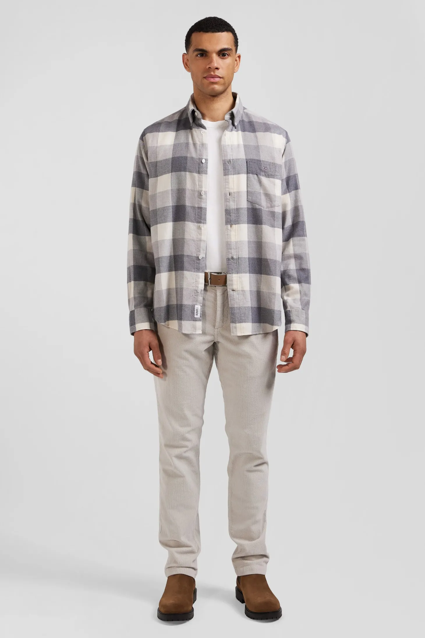 Chemise à carreaux en coton gris chiné coupe Regular