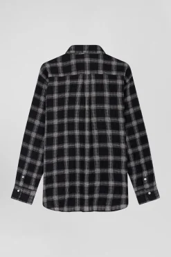 Chemise à carreaux en coton et laine noire coupe Relaxed