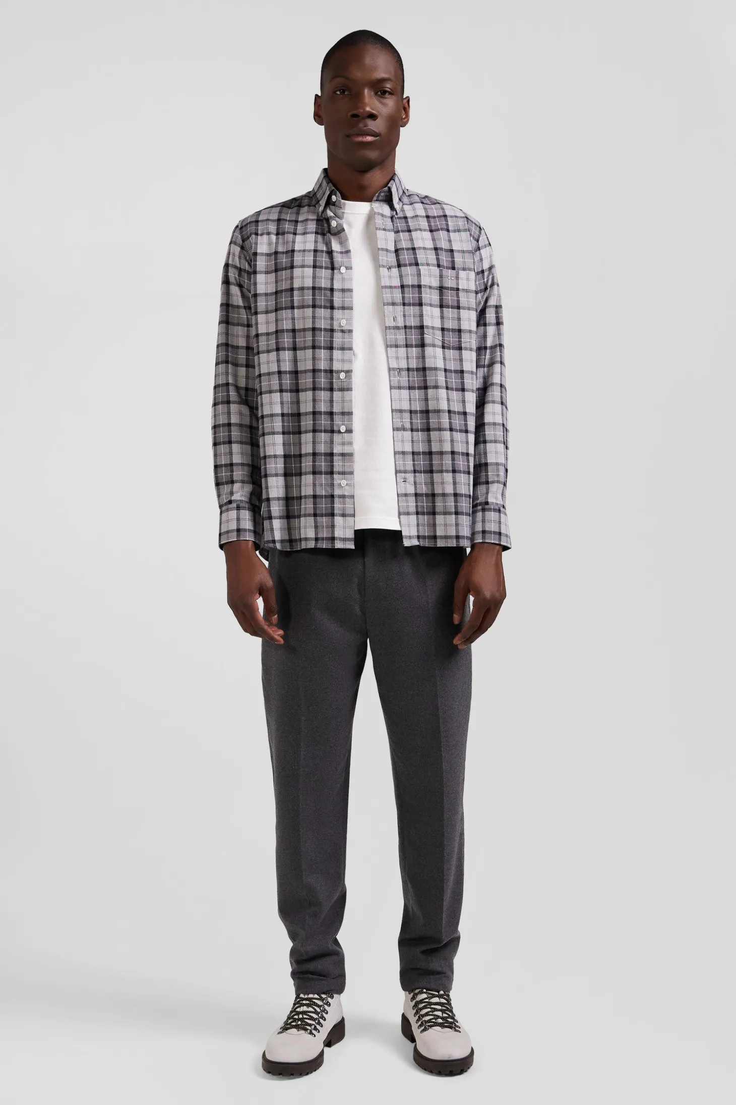 Chemise à carreaux en twill de coton gris coupe Regular