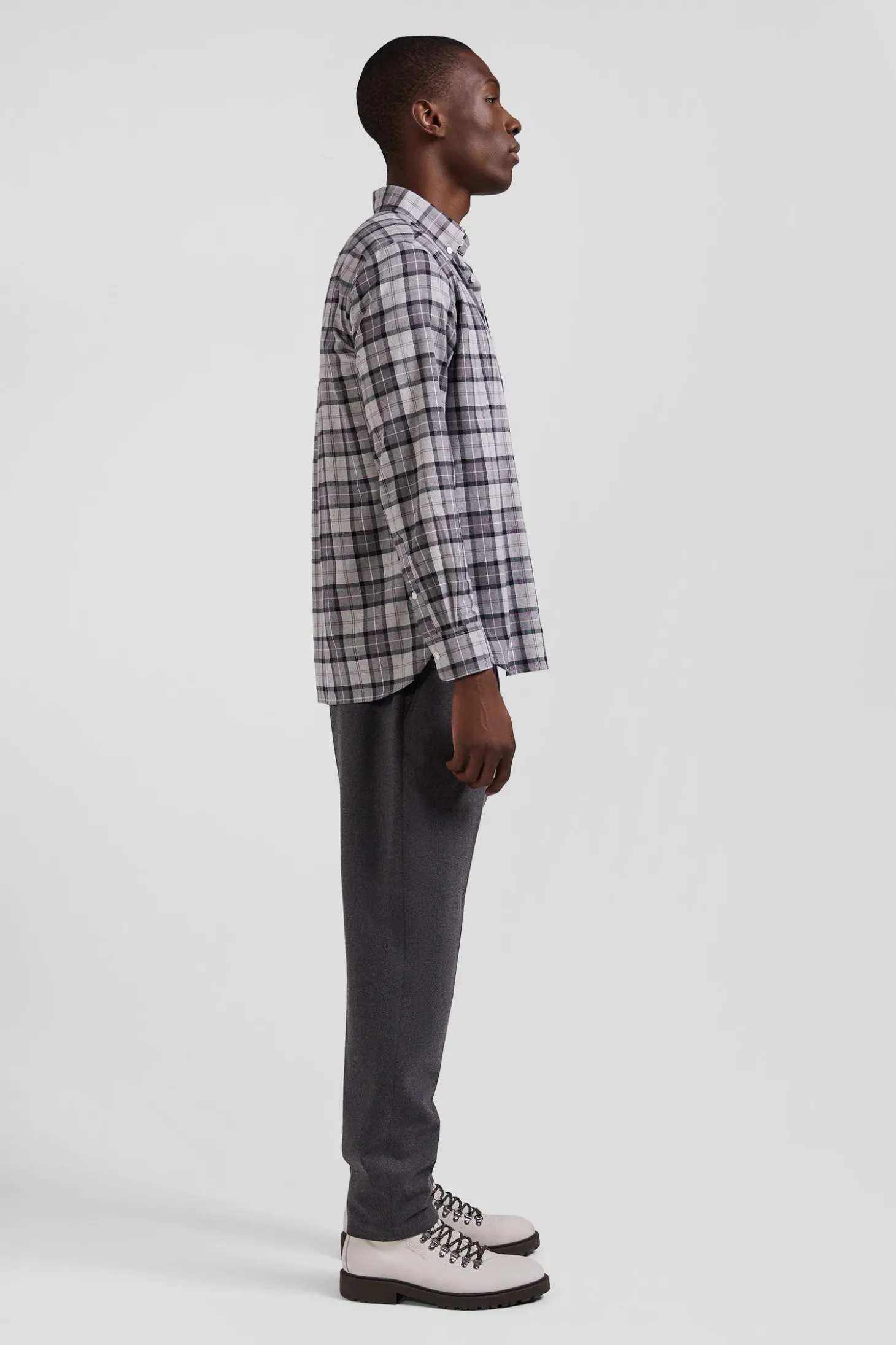 Chemise à carreaux en twill de coton gris coupe Regular