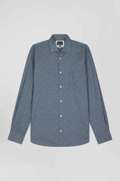 Chemise à micro-motifs en coton bleu marine coupe Slim