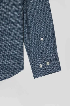 Chemise à micro-motifs en coton bleu marine coupe Slim