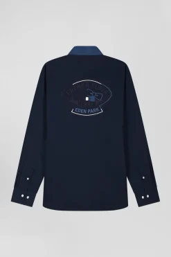 Chemise bicolore en coton pin point bleu foncé coupe Regular broderie dos