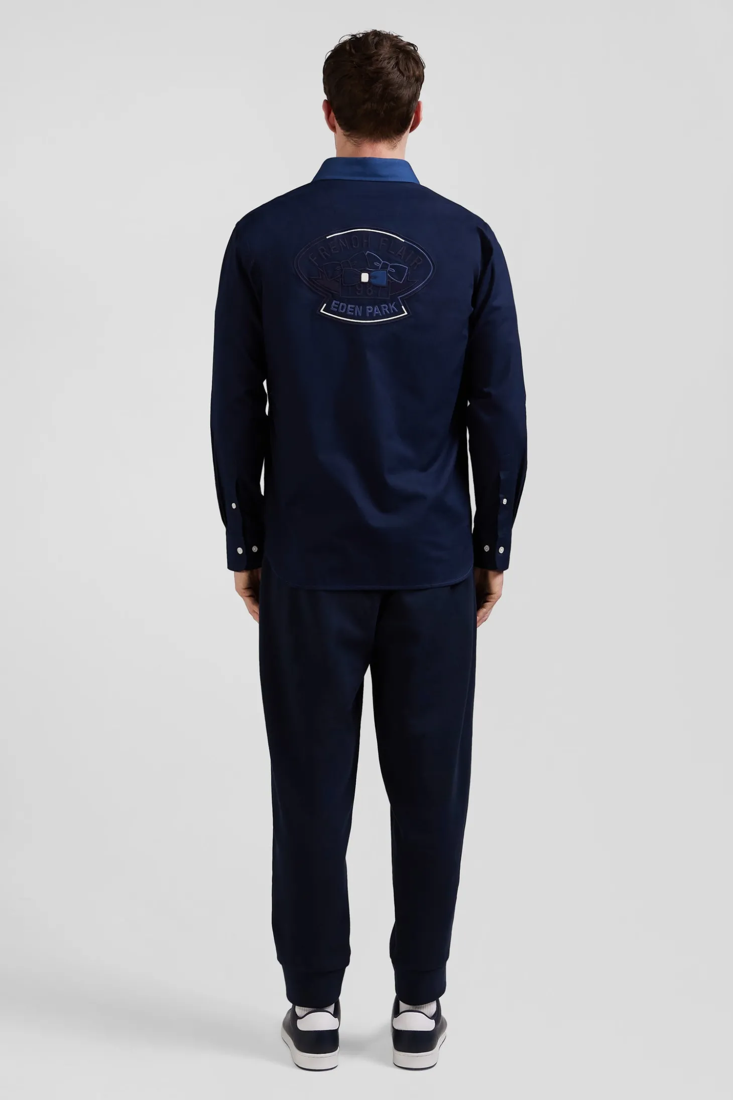 Chemise bicolore en coton pin point bleu foncé coupe Regular broderie dos