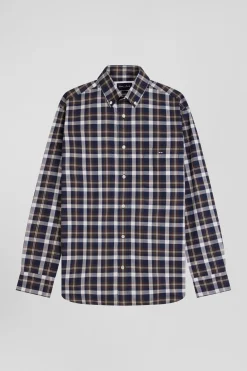 Chemise en coton à carreaux marron coupe Regular