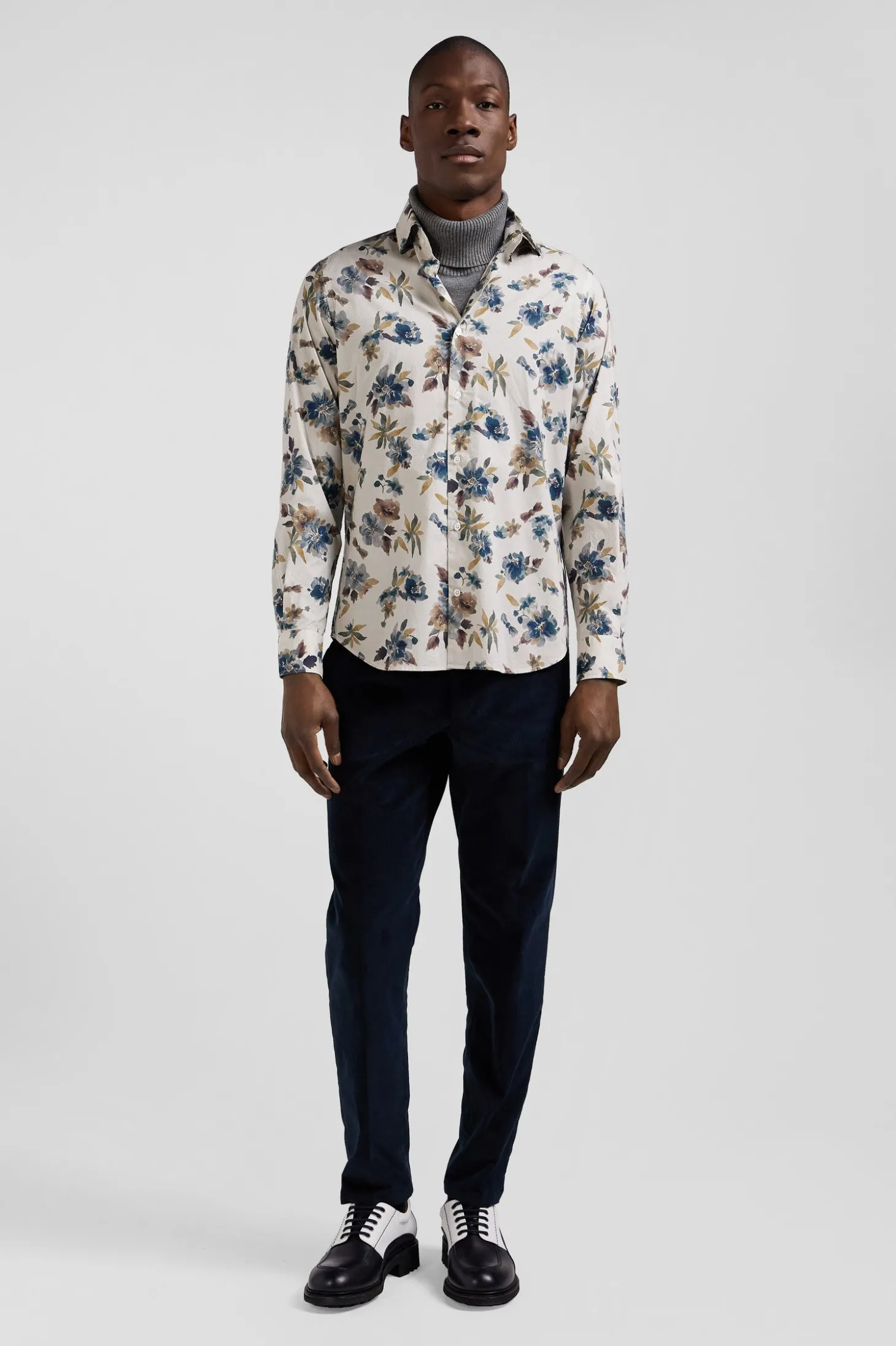 Chemise en coton à imprimé floral beige coupe Slim