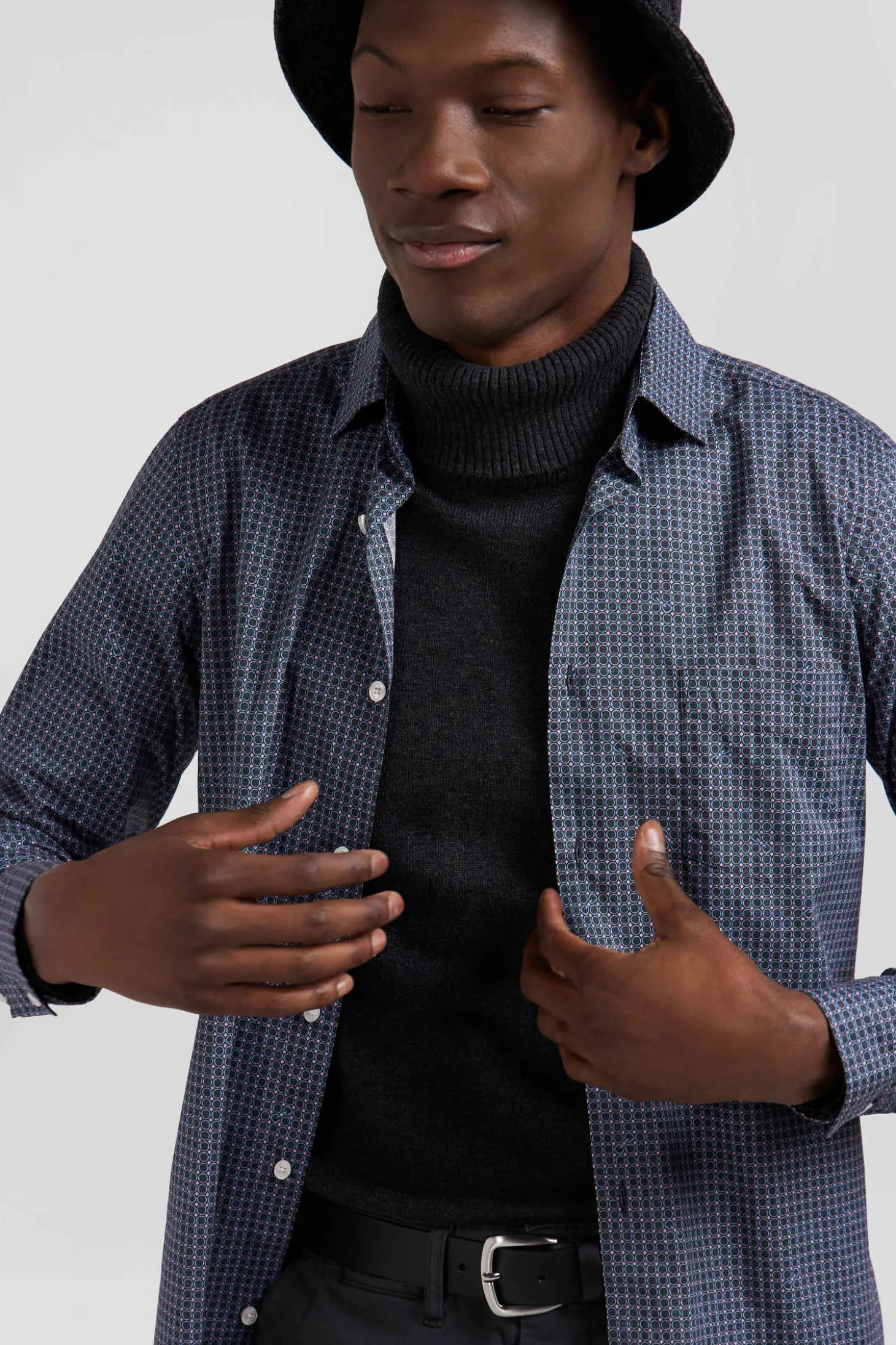 Chemise en coton à micro-carreaux bleu marine coupe Slim