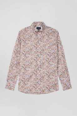 Chemise en coton à microimprimé beige coupe Regular