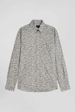 Chemise en coton à microimprimé vert coupe Regular