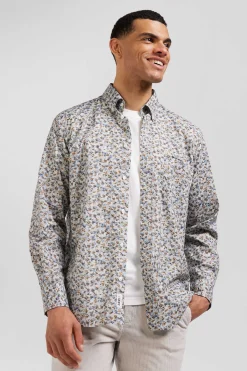Chemise en coton à microimprimé vert coupe Regular