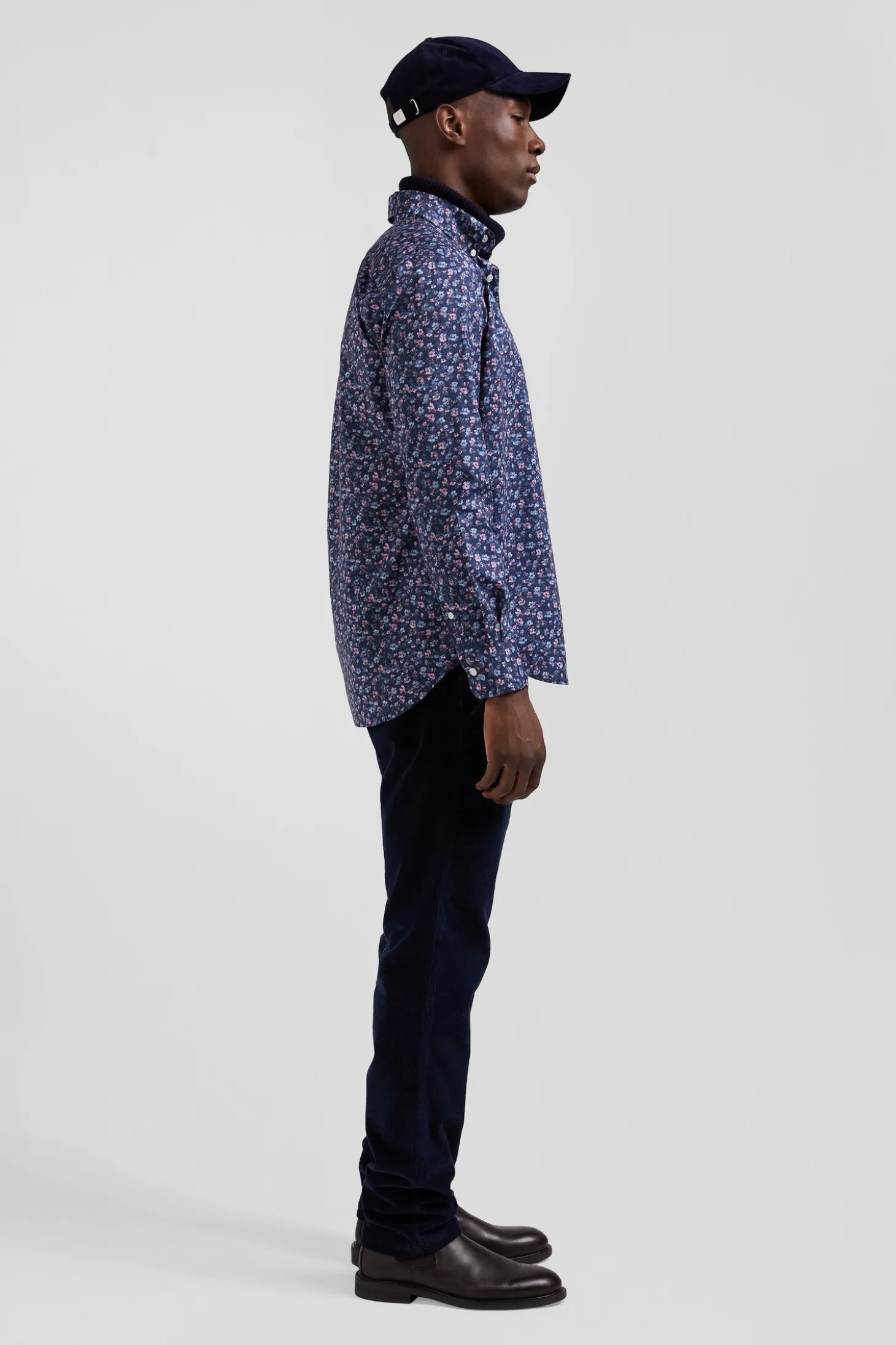 Chemise en coton à microimprimé bleu foncé coupe Regular