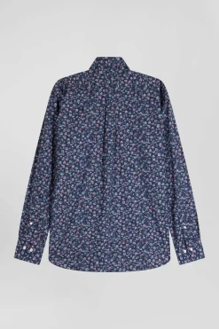 Chemise en coton à microimprimé bleu foncé coupe Regular