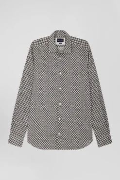 Chemise en coton à micro-motifs écru coupe Slim