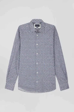 Chemise en coton à micro-motifs ciel coupe Slim
