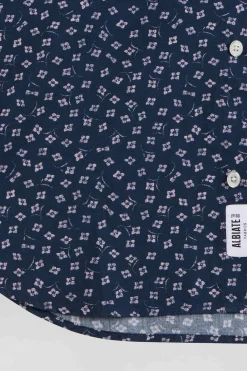 Chemise en coton bleu foncé microimprimé fleurs coupe Slim