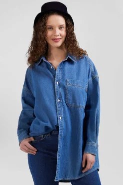 Chemise en coton ciel à poche plaquée coupe Oversize