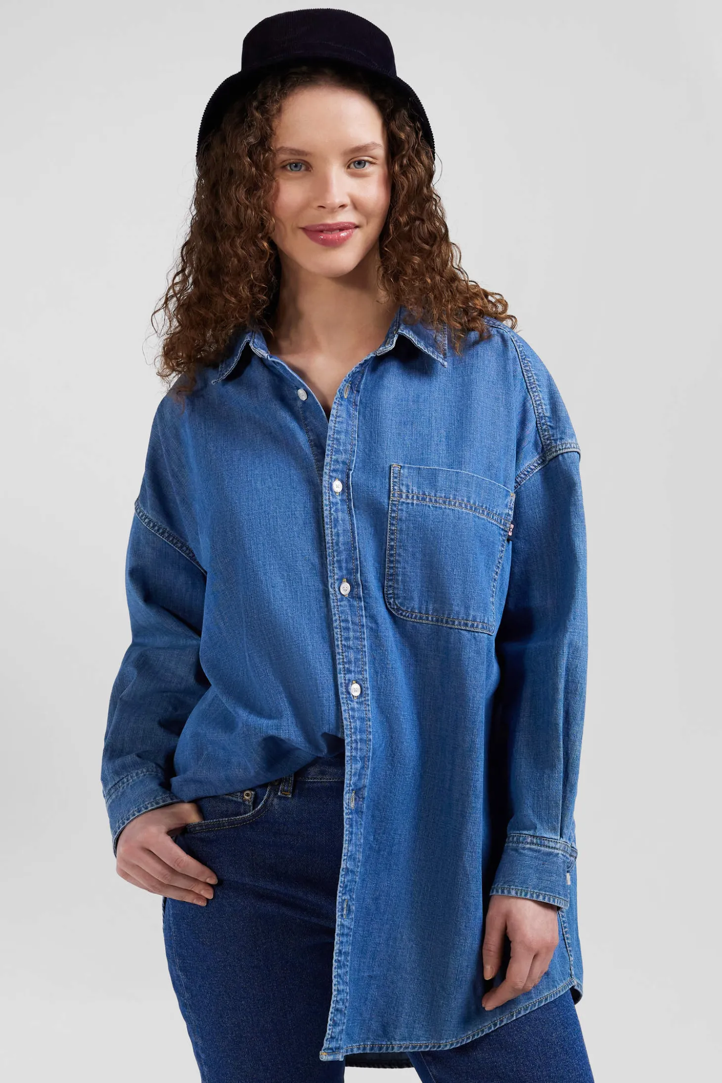 Chemise en coton ciel à poche plaquée coupe Oversize