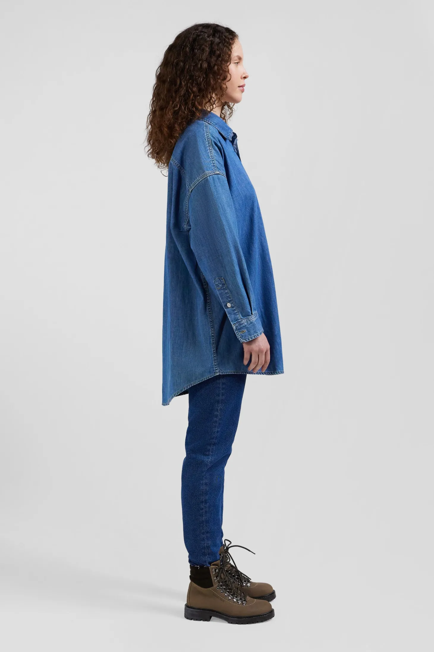 Chemise en coton ciel à poche plaquée coupe Oversize