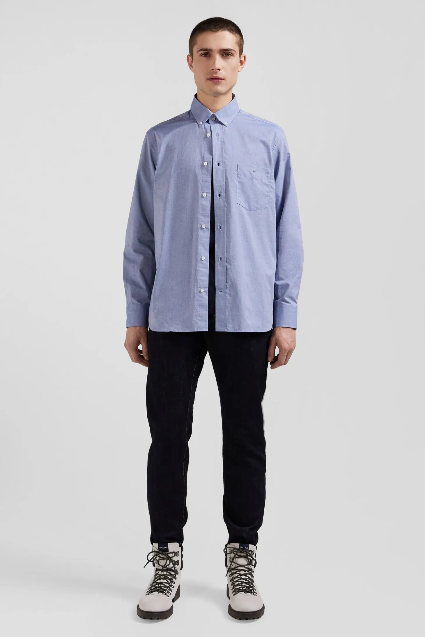 Chemise en coton denim ciel coupe Regular coudières imprimées