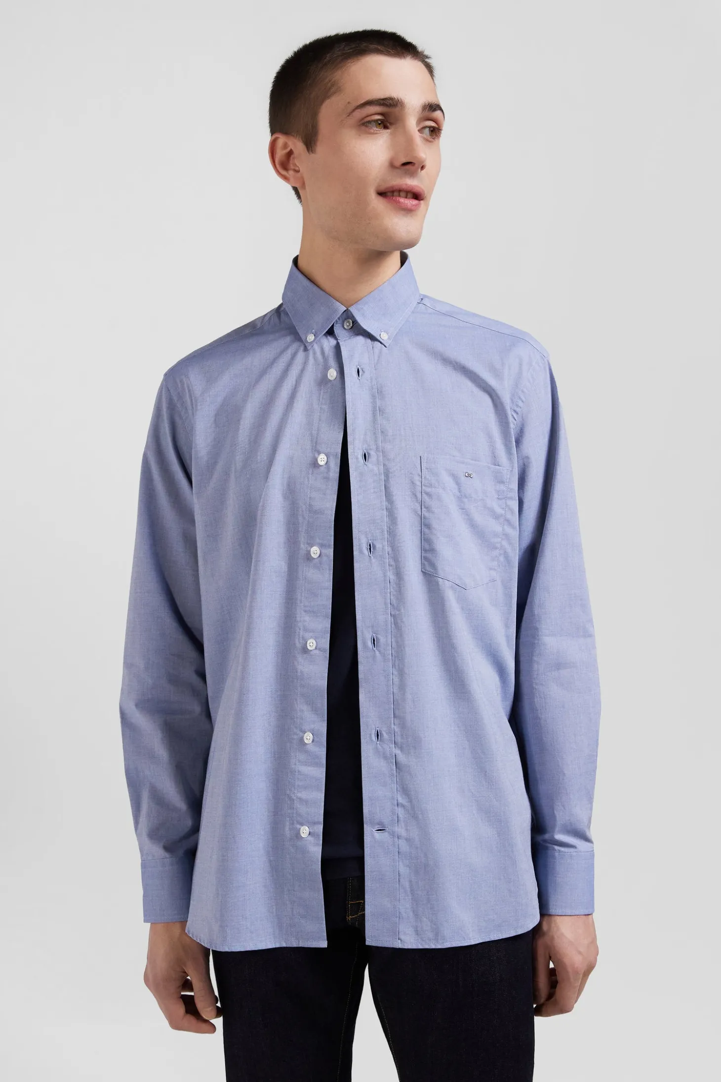 Chemise en coton denim ciel coupe Regular coudières imprimées
