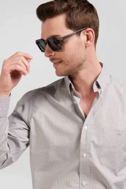 Chemise en coton grège à micro-carreaux coupe Regular