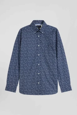 Chemise en coton indigo coupe Regular microimprimé