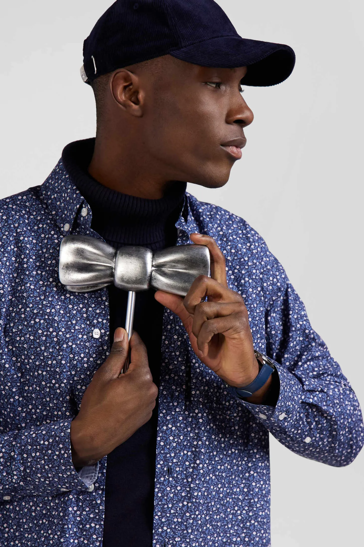Chemise en coton indigo coupe Regular microimprimé