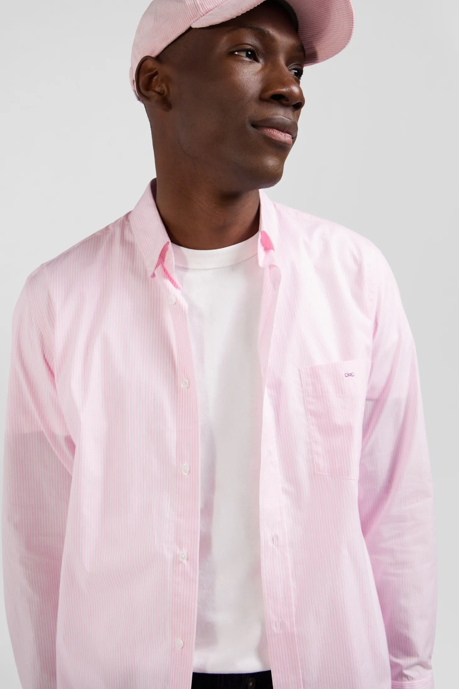 Chemise en coton jacquard rayé rose coupe Regular