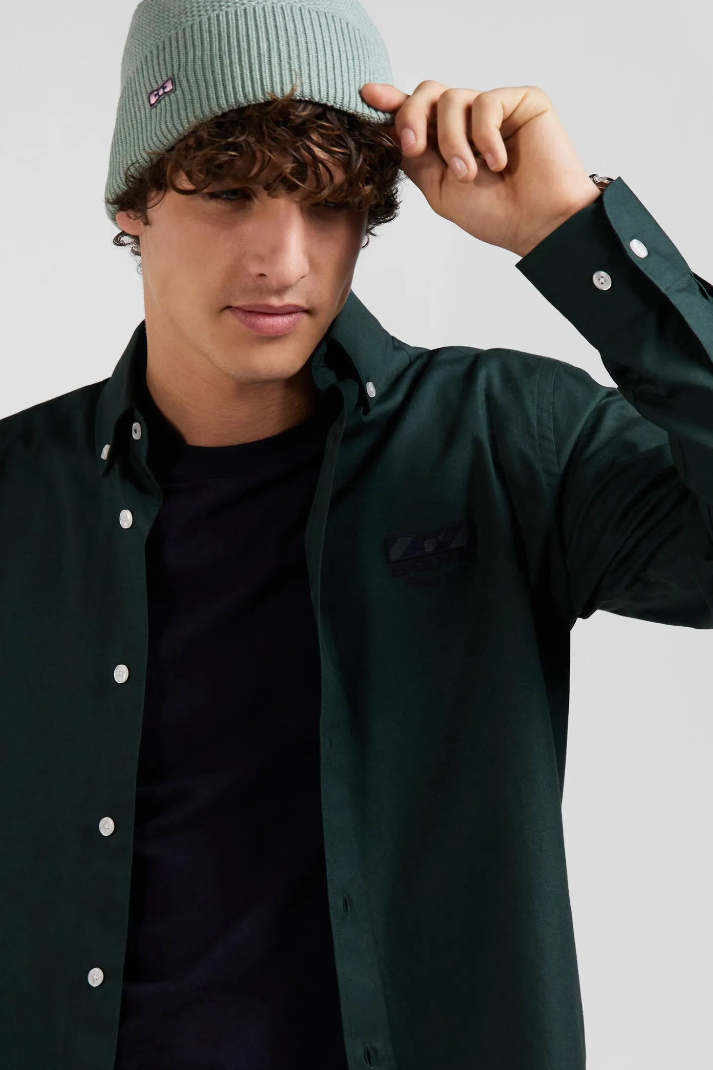 Chemise en coton Oxford vert nœud papillon cerclé coupe Regular