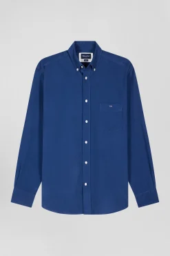 Chemise en coton uni bleu indigo col boutonné et poche poitrine coupe Regular