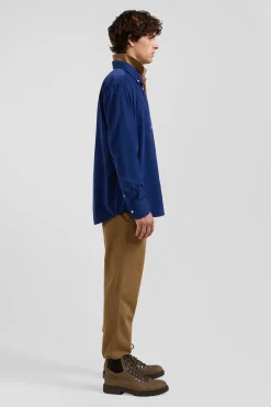 Chemise en coton uni bleu indigo col boutonné et poche poitrine coupe Regular