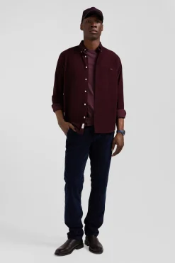 Chemise en coton uni bordeaux col boutonné et poche poitrine coupe Regular