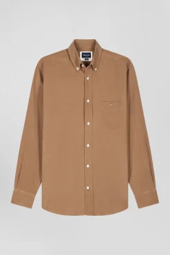 Chemise en coton uni camel col boutonné et poche poitrine coupe Regular
