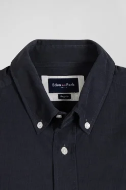 Chemise en coton uni gris anthracite col boutonné et poche poitrine coupe Regular