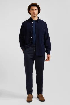 Chemise en coton uni marine col boutonné et poche poitrine coupe Regular
