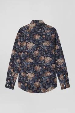 Chemise en flanelle de coton bleu marine imprimé floral coupe Slim