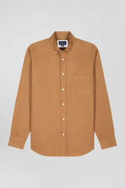 Chemise en piqué coton unie camel coupe Regular