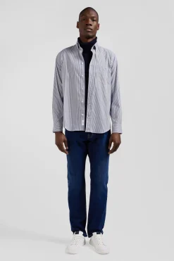 Chemise en popeline de coton bleu marine à rayures bâton coupe Regular