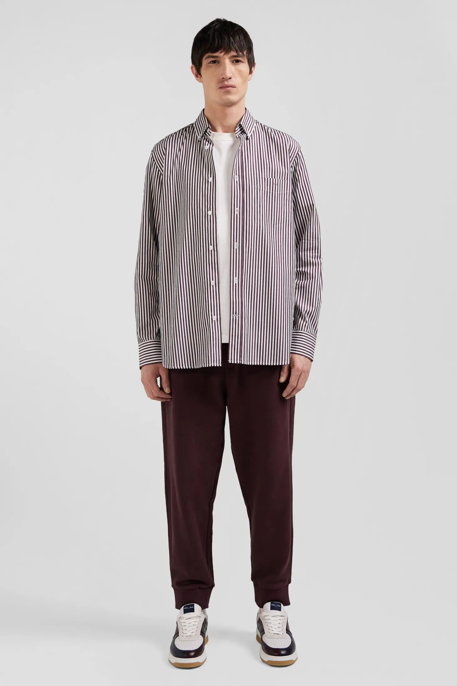 Chemise en popeline de coton rayée bordeaux coupe Regular